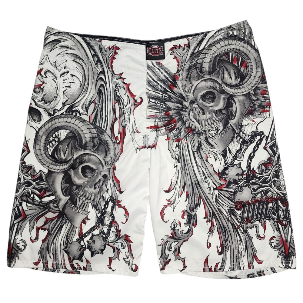 MMA Elite Board Shorts Mens Size L Skull Gladiator Ram Horns AOP Swim Y2K